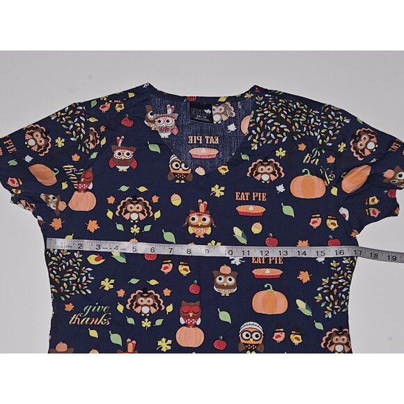 Zoe + Chloe Thanksgiving Scrubs Top Shirt XS Blue Orange Owl Turkey Pilgrim Pie - Picture 7 of 8